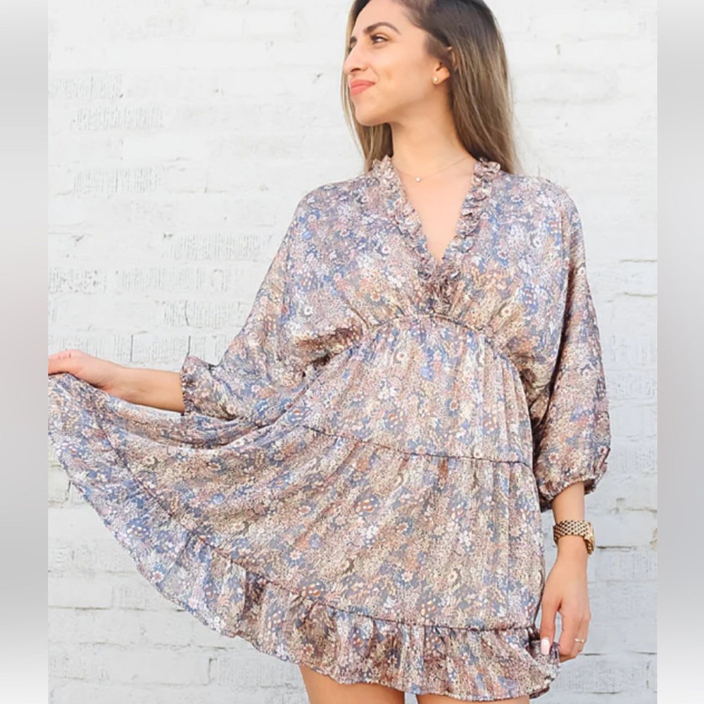 VICI FLORAL EMPIRE WAIST DEEP V NECK MINI  DRESS BLUES, GOLDS PINK SIZE …